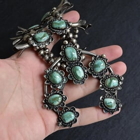Vintage Navajo Sterling Silver Squash Blossom Necklace 191g Turquoise 25.5"