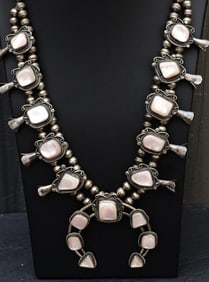 Vintage Navajo Sterling Silver Squash Blossom Necklace with Mother of Pearl