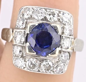 Art Deco 14K White Gold Diamond & Sapphire Ring Size 5 IGI Certified