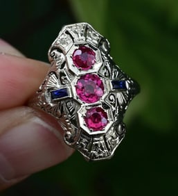 18K White Gold Ruby & Sapphire Ring Art Deco Period IGI Certified Ring Size 9.25
