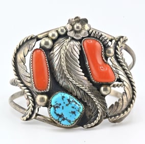 Vintage Navajo Sterling Silver Cuff Bracelet 52.32g Coral & Turquoise