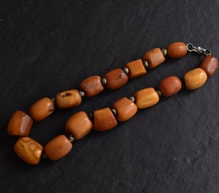 Antique Tibetan Butterscotch Amber Necklace 77.71g 15.25" Barrel Beads