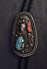 Vintage Navajo Sterling Silver Bolo Tie with Turquoise & Coral