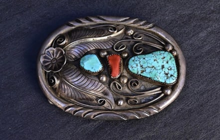 Vintage Navajo Sterling Silver Belt Buckle with Turquoise & Coral – 63.33g