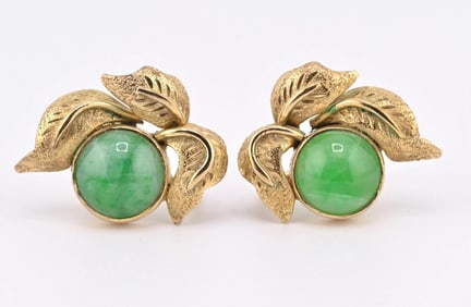 IGI Certified 14K Yellow Gold Jadeite Floral Earrings | 7.00ct Green Jade