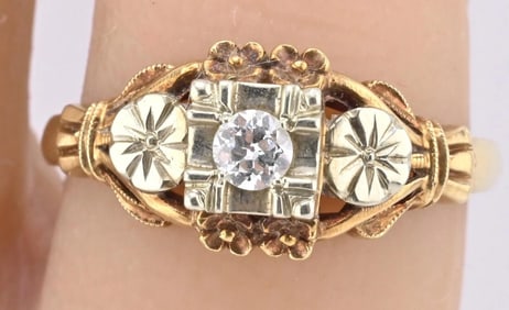 IGI Certified Vintage 14K Yellow & White Gold Floral Diamond Ring Size 5.75