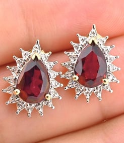 IGI Certified 14K Yellow White Gold Earrings Red Topaz Natural Diamonds