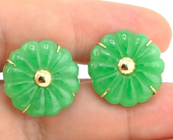 14K Yellow Gold Natural Jade Jadeite Earrings 6.4 DWT IGI Certified