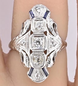 IGI Certified 18K White Gold Art Deco Diamond & Sapphire Ring Size 5.5