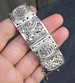 Vintage Chinese Export Silver Filigree Panel Bracelet – 97.62g, 7” Wrist