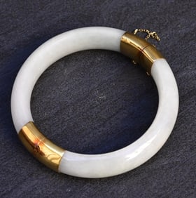 Antique Jade and 14K Gold Hinged Bangle Bracelet
