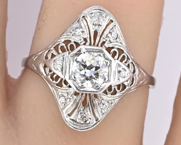 Art Deco Platinum Diamond Ring .50 Carats Center Stone Ring Size 8.75 IGI Cert.