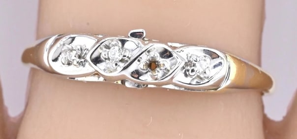 IGI Certified 14K Yellow & White Gold Dainty Ring Natural Diamonds Size 10.25