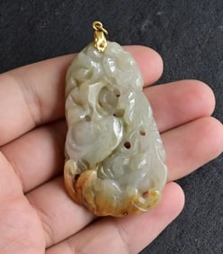 Large Carved Jade Pendant with 14K Gold Bail – 26.16g, 3.5" x 1.5" Floral