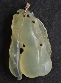 Vintage Carved Jade Pendant with 14K Gold Bail 27.77g – 2" x 1 1/8" Gourd & Leaf