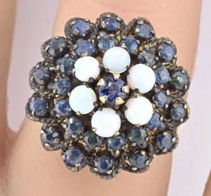 Antique 10K Yellow Gold Ring 1.91ct Natural Sapphires & 0.60ct Opals Size 6.25