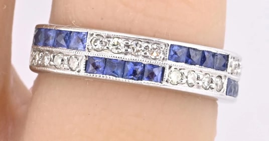 14K White Gold Ring with 0.51ct Blue Sapphires & 0.16ct Diamonds Size 4