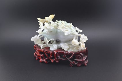 Chinese Jade Jadeite Birds with Wooden Stand