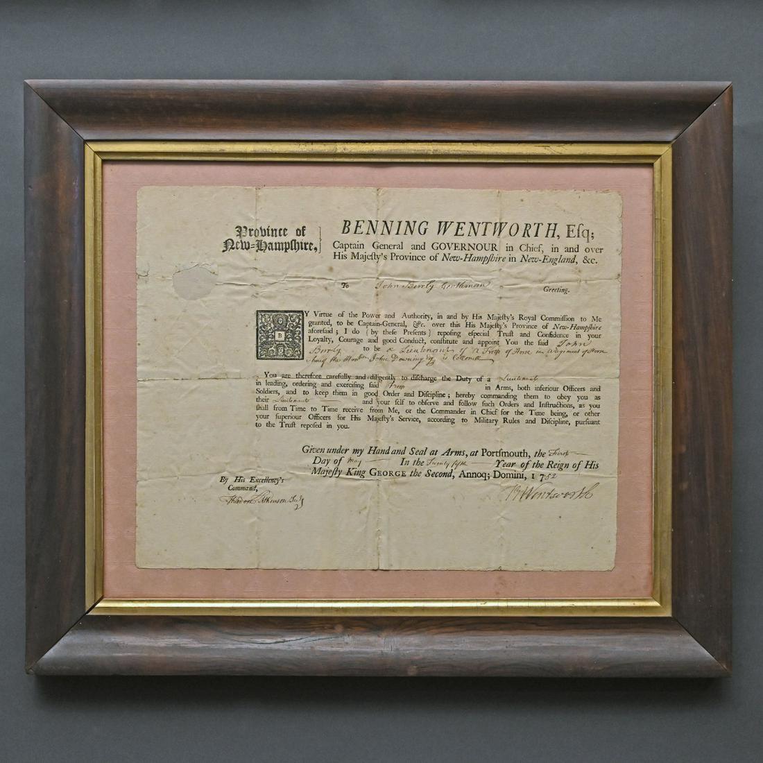 New Hampshire Appointment, Benning Wentworth: Benning Wentworth, Provincial Governor Of New Hampshire, Signed Colonial Appointment Of John Burley To Be 'A Lieutenant Of A Troop Of Horse In The Regiment Of Horse Whereof The Hon. John Downey Esq. I