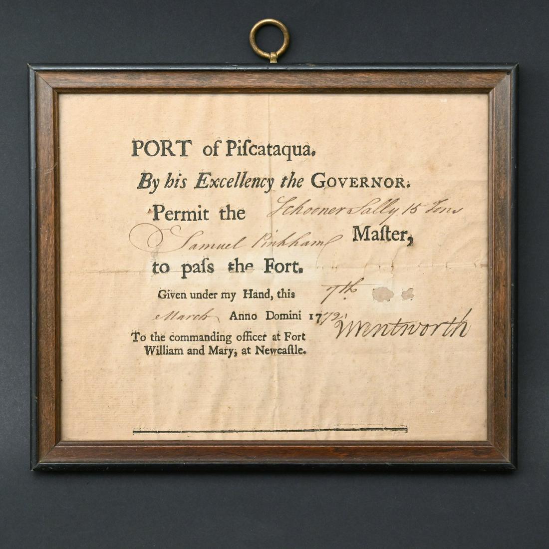 Colonial Maritime Passage Permit, John Wentworth: Colonial Maritime Document Signed By John Wentworth, Governor Of The Province Of New Hampshire, A Passage Permit Allowing Shipmaster Samuel Pinkham, (sr., B. 1735, Dover, NH; D. 1780 Barrington, NH) A