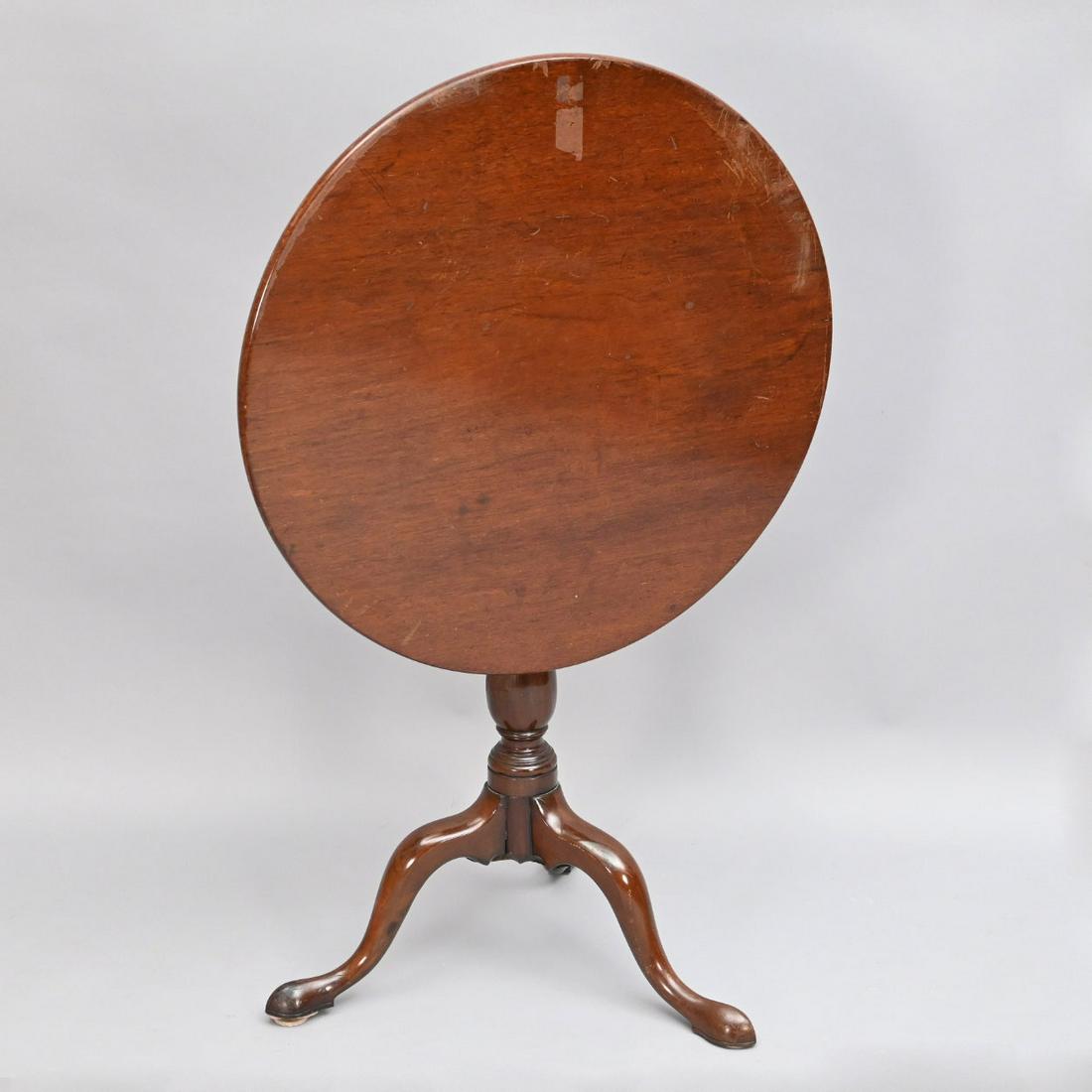 New England Queen Anne Birdcage Tea Table: New England Queen Anne Tilt-top Bird-cage Tea Table. The Round Hinged Top With Bird-cage Above A Turned Vasiform Base, Raised On Cabriole Legs Terminating In Snake Feet. Height 27 12; Diameter 26 Inch