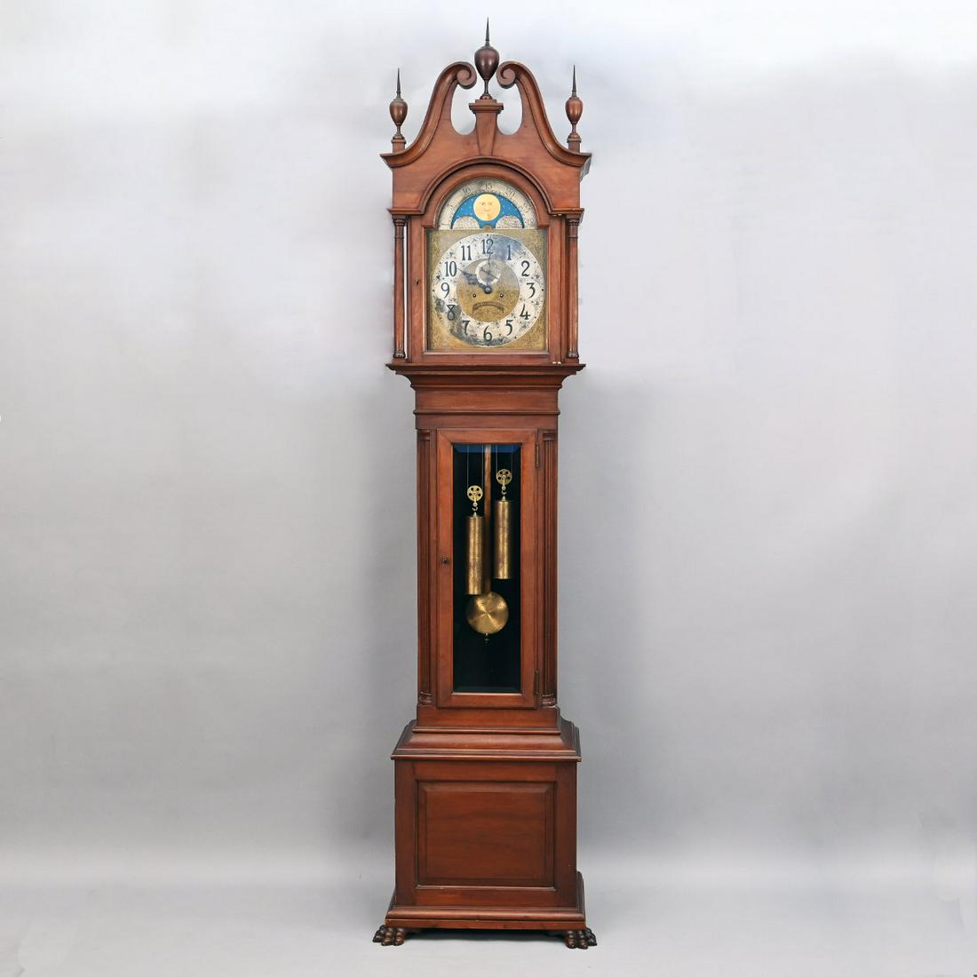 American Tall Case Clock, Harris & Harrington: American Mahogany Tall Case Clock, Harris & Harrington, Colonial No. 21. The Bonnet With Broken Arch Pediment And Spire Finials Above An Astagal Door Opening To A Silvered Brass Moon-phase Dial, Above