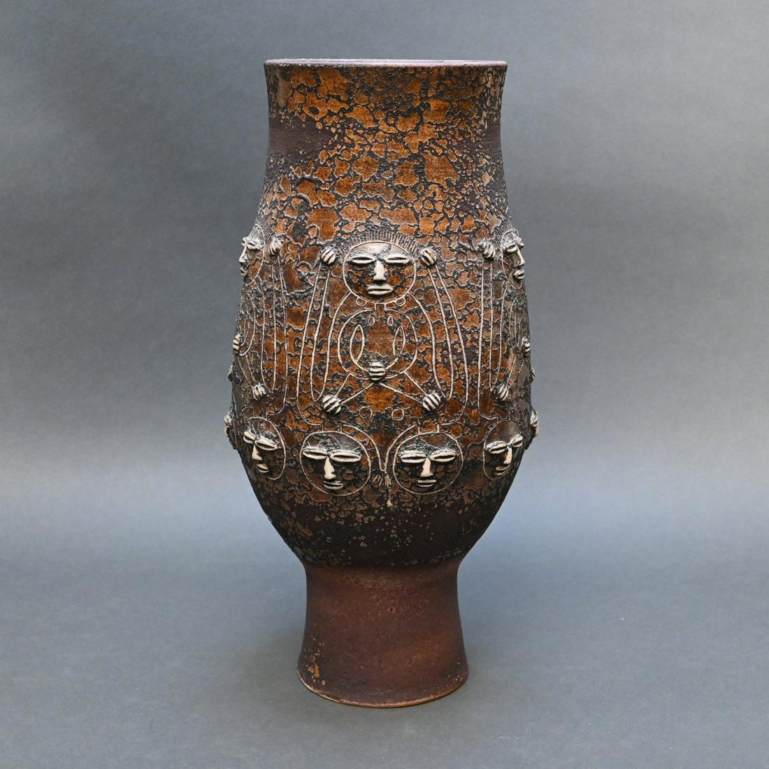 Edwin & Mary Scheier Art Pottery Vase: Edwin Scheier (1910-2008) & Mary Scheier (American, 1908-2007) Art Pottery Footed Vase. The Body Of Swelled Cylindrical Form Decorated On The Round With Incised Figures And Protruding Round Heads With