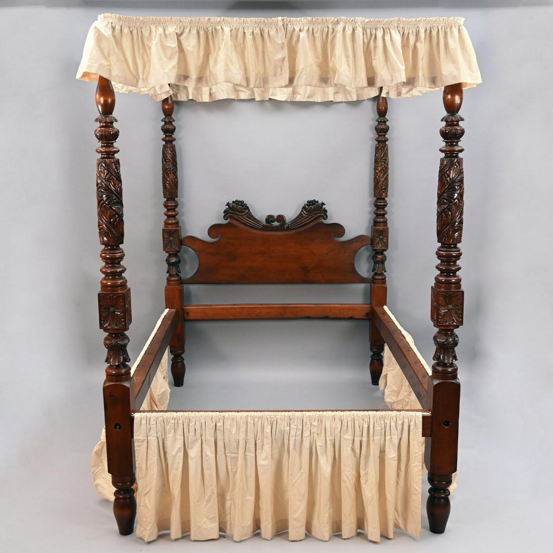 American Federal Carved Cherry Bedstead: American Federal Carved Cherry Bedstead With Tester. The Rectangular Tester Above Four Heavily Carved And Turned Posts With Double Cornucopia Carved Headboard. Height 79; Width 55; Depth 78 Inches.