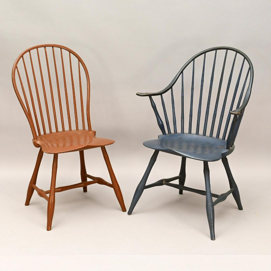 Two Modern Windsor Chairs, David Sawyer: Modern Blue Painted Continuous Arm Windsor Armchair, Together with a Red Painted Bowback Windsor Side Chair, David Sawyer, East Calais, Vermont. (2)