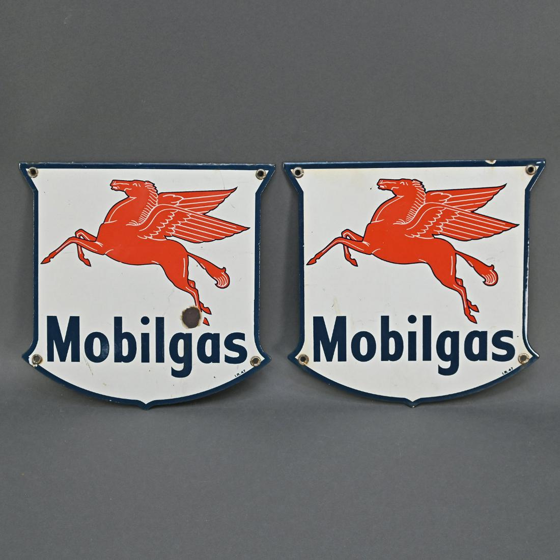Two Mobile Porcelain Gas Pump Plate Signs: Two Mobile Porcelain Gas Pump Plate Signs. Height 12; Width 12 3/8 Inches.