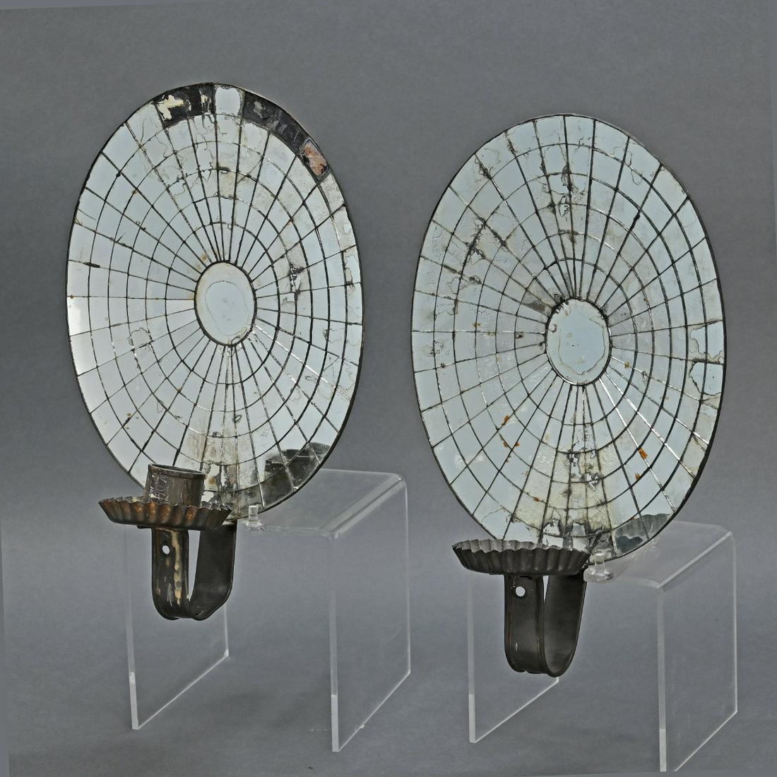 Pair Of Oval Mirrored Tin Wall Sconces: Pair Of Oval Mirrored Tin Wall Sconces. Height Overall: 13 1/4; Width 8 1/8 Inches.