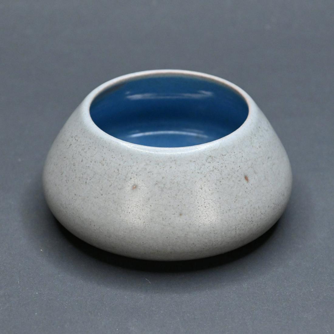 Marblehead Pottery Cabinet Vase: Marblehead Pottery Gray Glazed Squat Cabinet Vase With Blue Interior. Impressed Ship Mark And Retaining Original Oval Paper Label, Height 1 5/8; Diameter 3 3/4 Inches.