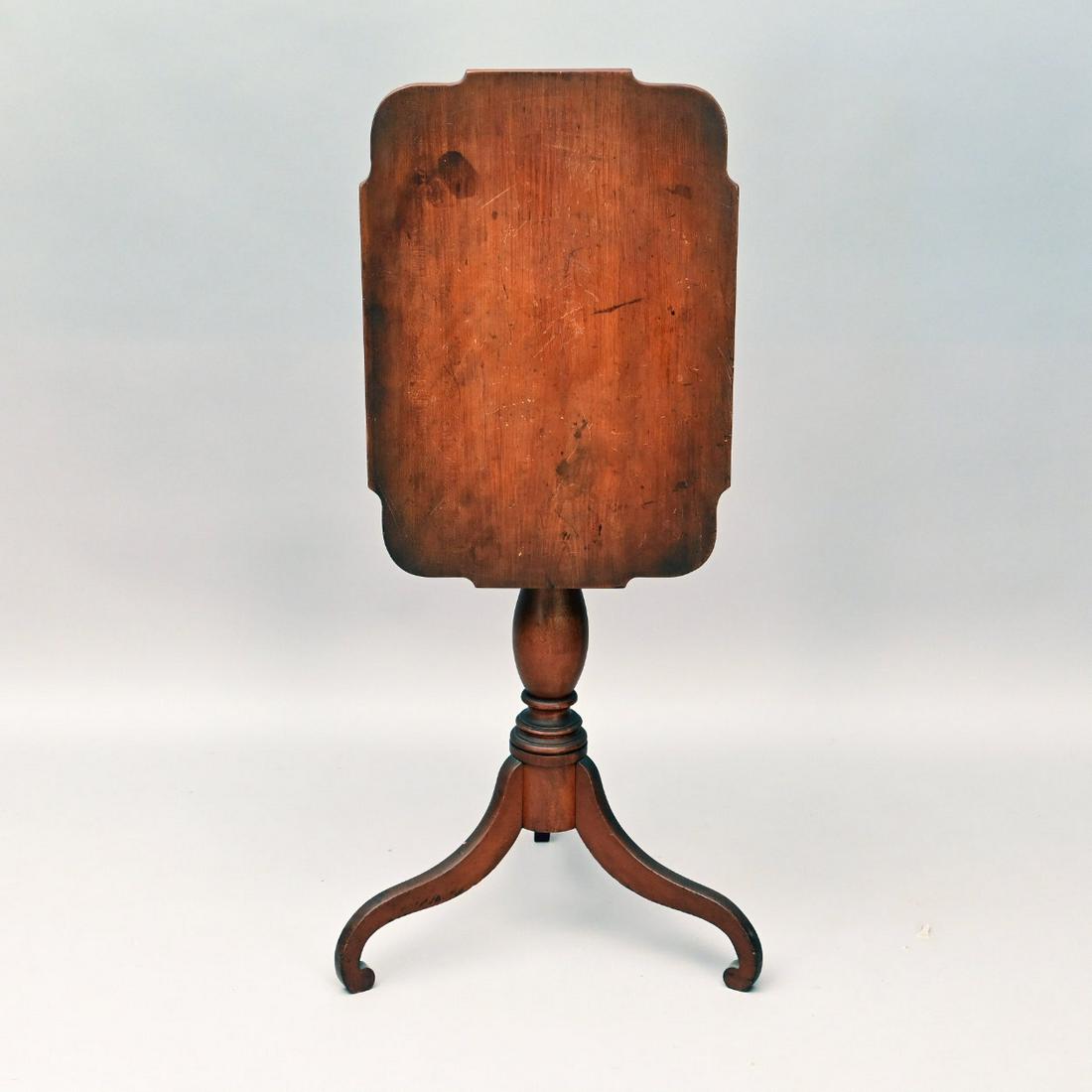 New England Federal Cherry & Birch Candlestand: New England Federal Cherry And Birch Tilt-top Candlestand. The Oblong Shaped Hinged Top Raised On A Turned Standard, Raised On Cabriole Legs Terminating In Scrolled Feet. Height 29; Width 23; Depth 16