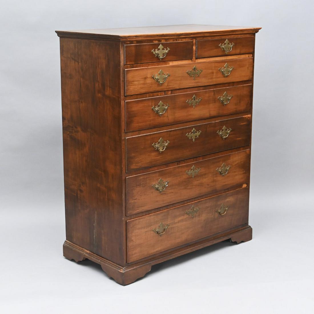 Rhode Island Chippendale Maple Tall Chest: Rhode Island Chippendale Maple Tall Chest Of Drawers. The Molded Cornice Above A Case Of Two Short Drawers Over Five Graduated Long Drawers, Each Retaining Original Hardware, Raised On A Bracket Base.