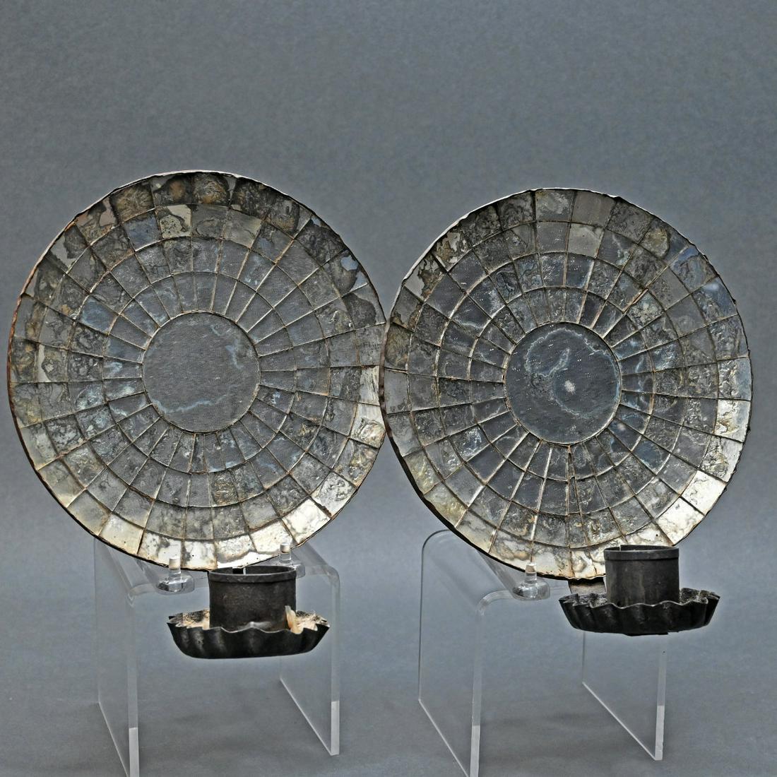 Pair Of Round Mirrored Tin Wall Sconces: Pair Of Round Mirrored Tin Wall Sconces. Diameter 7 3/4 Inches.
