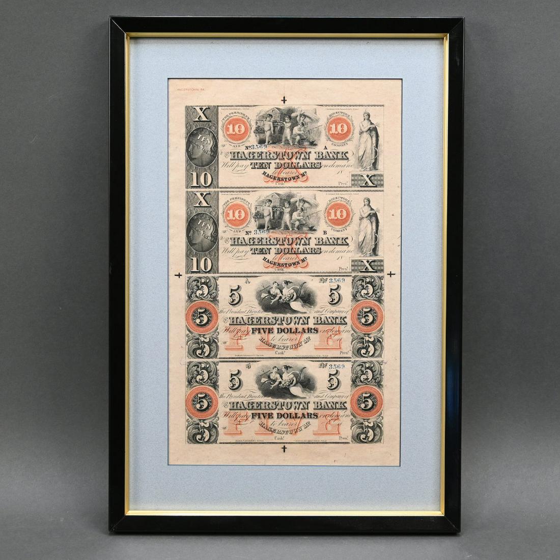 Hagerstown Bank Uncut Sheet Of $2, $5 & $10 Bills: Hagerstown Bank, Framed Uncut Sheet Of Two Ten And Two Five Dollar Bills, #3569. (13 1/4 X 10 Inches, Sight).