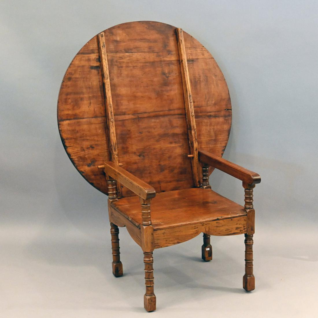 American Pine Hutch Table: American Pine And Maple Hutch Table. The Round Top With Pin Pivots, Above A Square Frame, Raised On Ring Turned Legs. Height 26; Diameter Of Top 40-41 Inches.