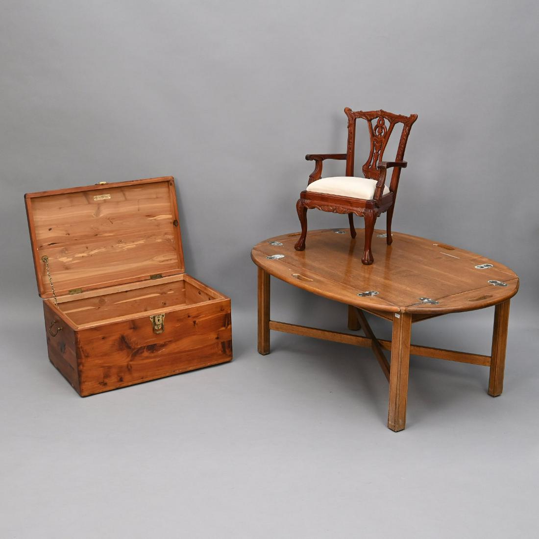 Reproduction Chippendale Style Child's Chair, Etc: Reproduction Chippendale Style Child's Chair, Together With A Modern Cherry Butler's Tray Coffee Table By Ethan Allen And A Cedar Storage Box. Height 17; Width 42; Depth 30 Inches (largest).