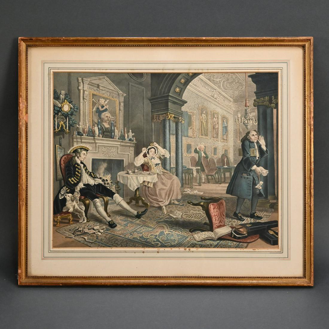 Six Prints After Wm. Hogarth, Marriage A La Mode: Set Of Six Hand-colored Prints After William Hogarth (1697-1764) From The Series Marriage A La Mode Within Newcomb-macklin Frames (13 1/4 X 17 Inches, Sight).