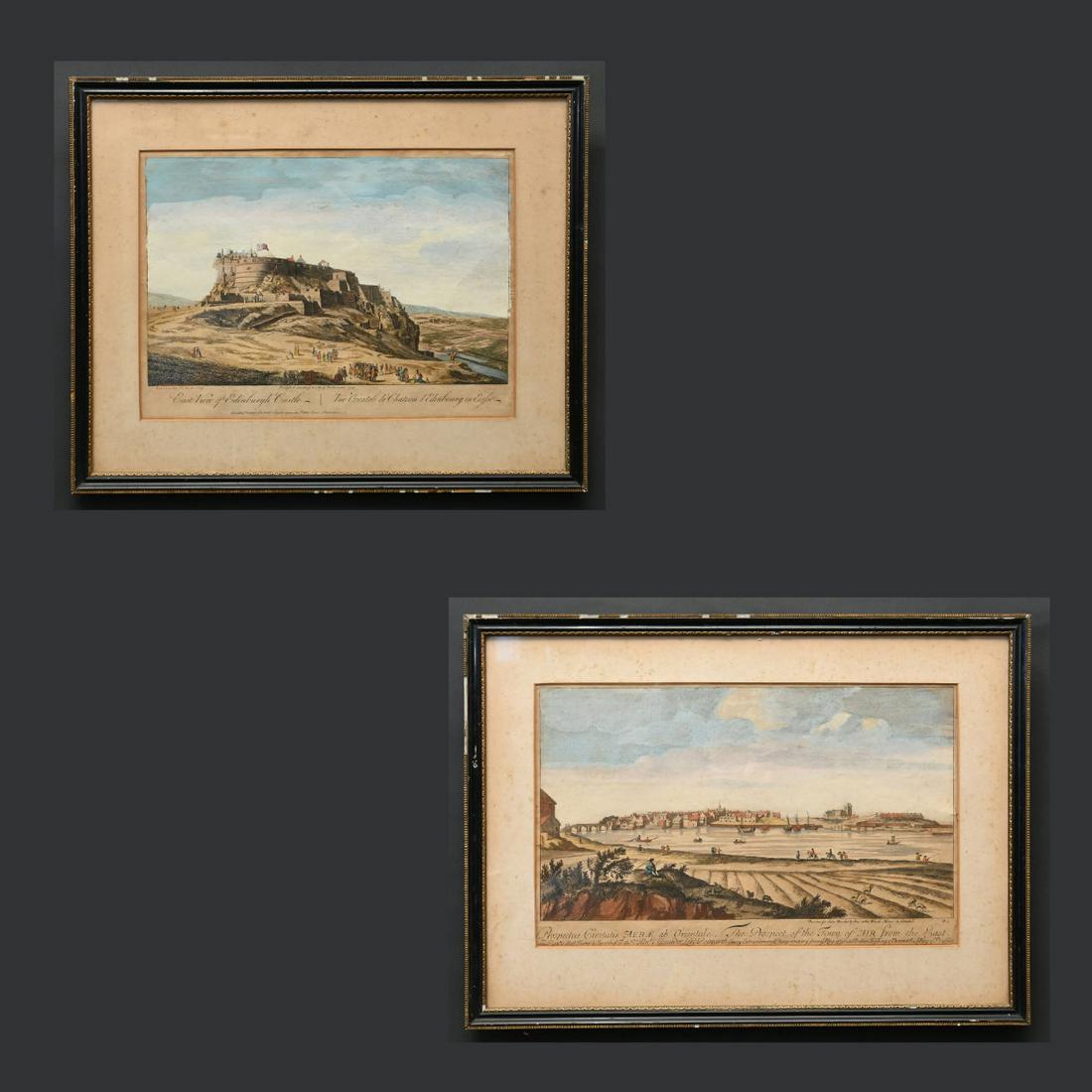 Paul Sandby, Two Colored Engravings: Paul Sandby (British, 1725-1809) Two English 18th Century Hand-colored Engravings, East View Of Edinburgh Castle And The Prospect Of The Town Of Air From The East, Sayer, London Publisher. (10 1/4 X 1