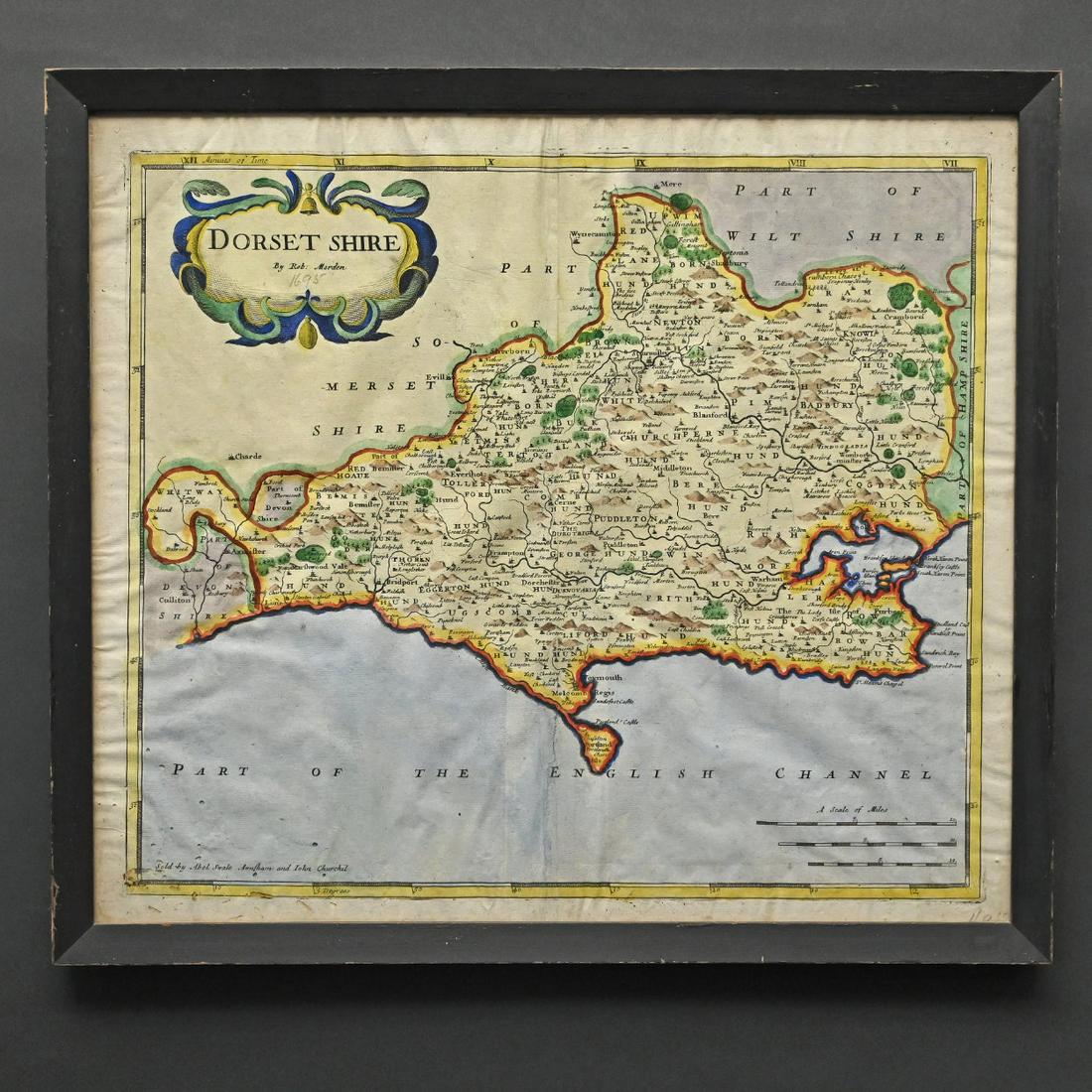 Robert Morden, Map Of Dorset Shire: Robert Morden, Map Of Dorset Shire, Hand-colored Engraving (14 1/2 X 15 5/8 Inches, Sight).