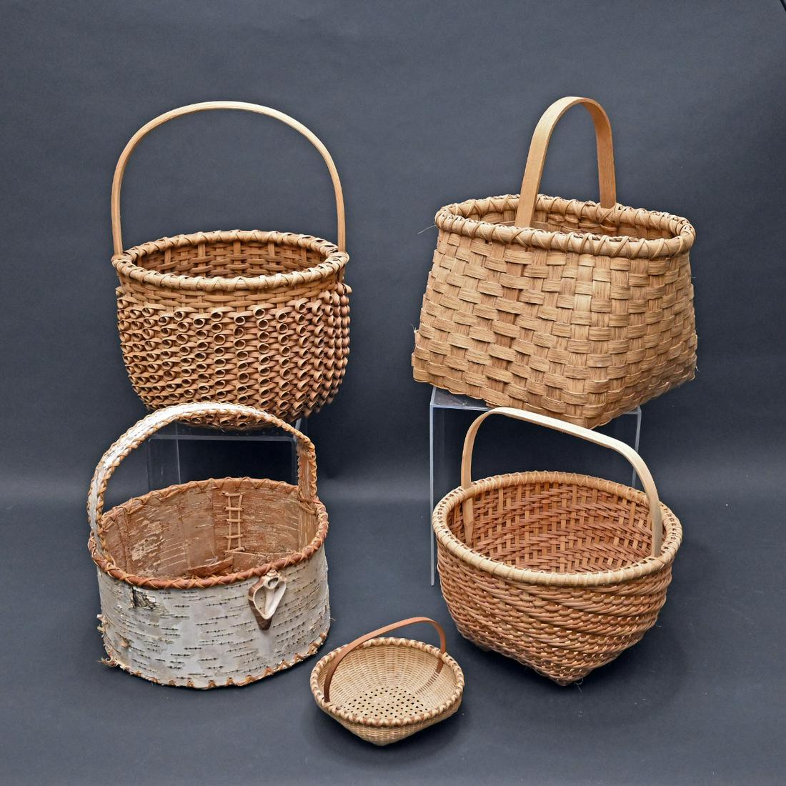 Five Modern Hand-woven Baskets: Five Modern Hand-woven Fixed Handle Baskets. Including A Martha Wetherbee Candy Tray Basket, 1992, A Birch Bark Basket And Three Others. Diameter Of First: 6 1/8 Inches.