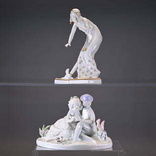 Two Rosenthal Porcelain Figurines: Including an Art Deco figure depicting a female snake charmer and a romantic figural group with a young couple and squirrel designed by Raymond Peynet. H: 7.75 in., W: 5 in., D: 2.75 in.