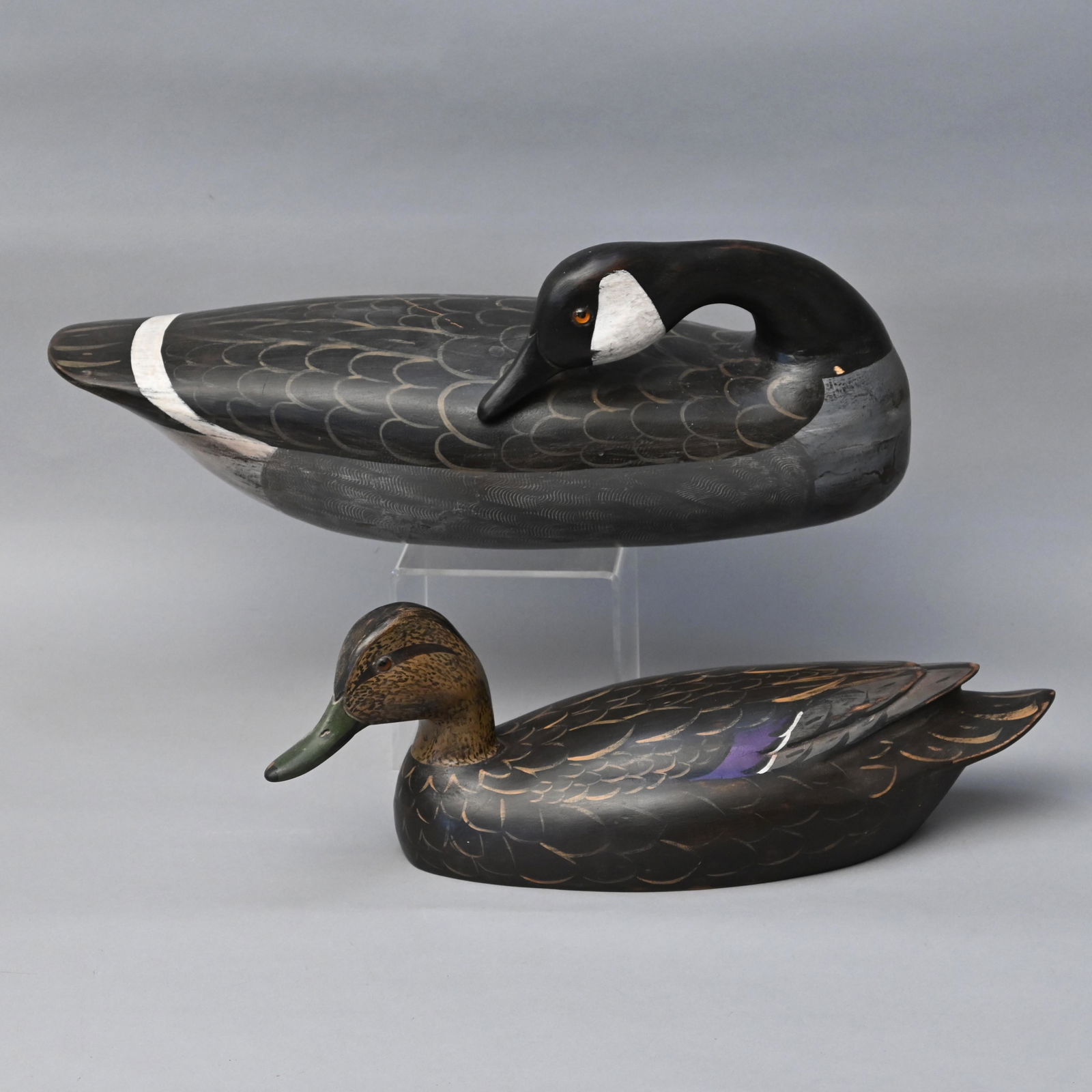 Two Carved & Paint-Decorated Decoys, Charles Moore: Including a preening Canadian goose and a black duck, both signed and dated 1993. H: 7.75 in., W: 20.5 in., D: 8 in. (first)