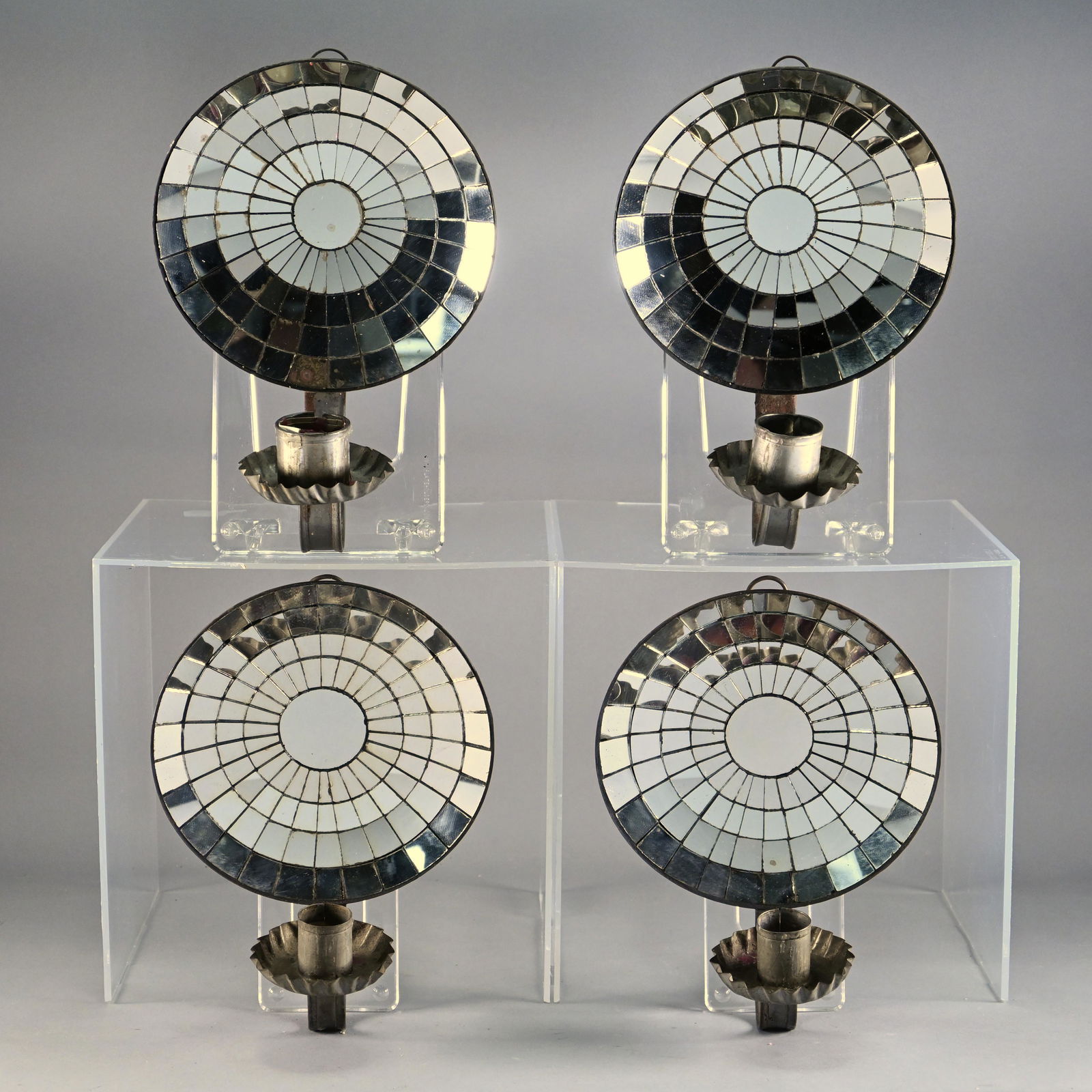Two Pairs of Round Mirrored Tin Wall Sconces (1 of 7)