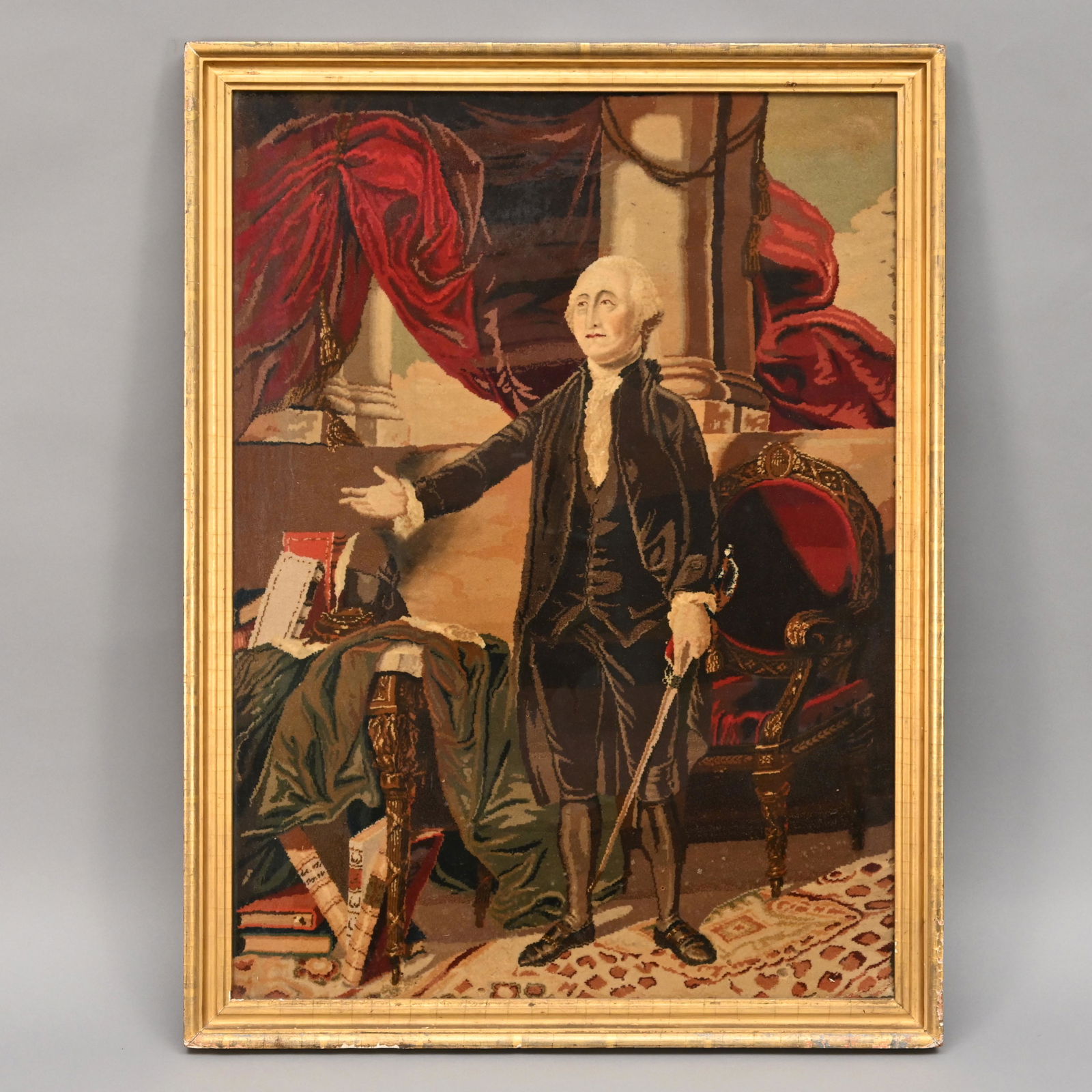 George Washington after the Lansdowne Portrait: After Gilbert Stuart, full length printed portrait on velvet within a lemon gold frame. H: 29.5 in., W: 21.5 in.