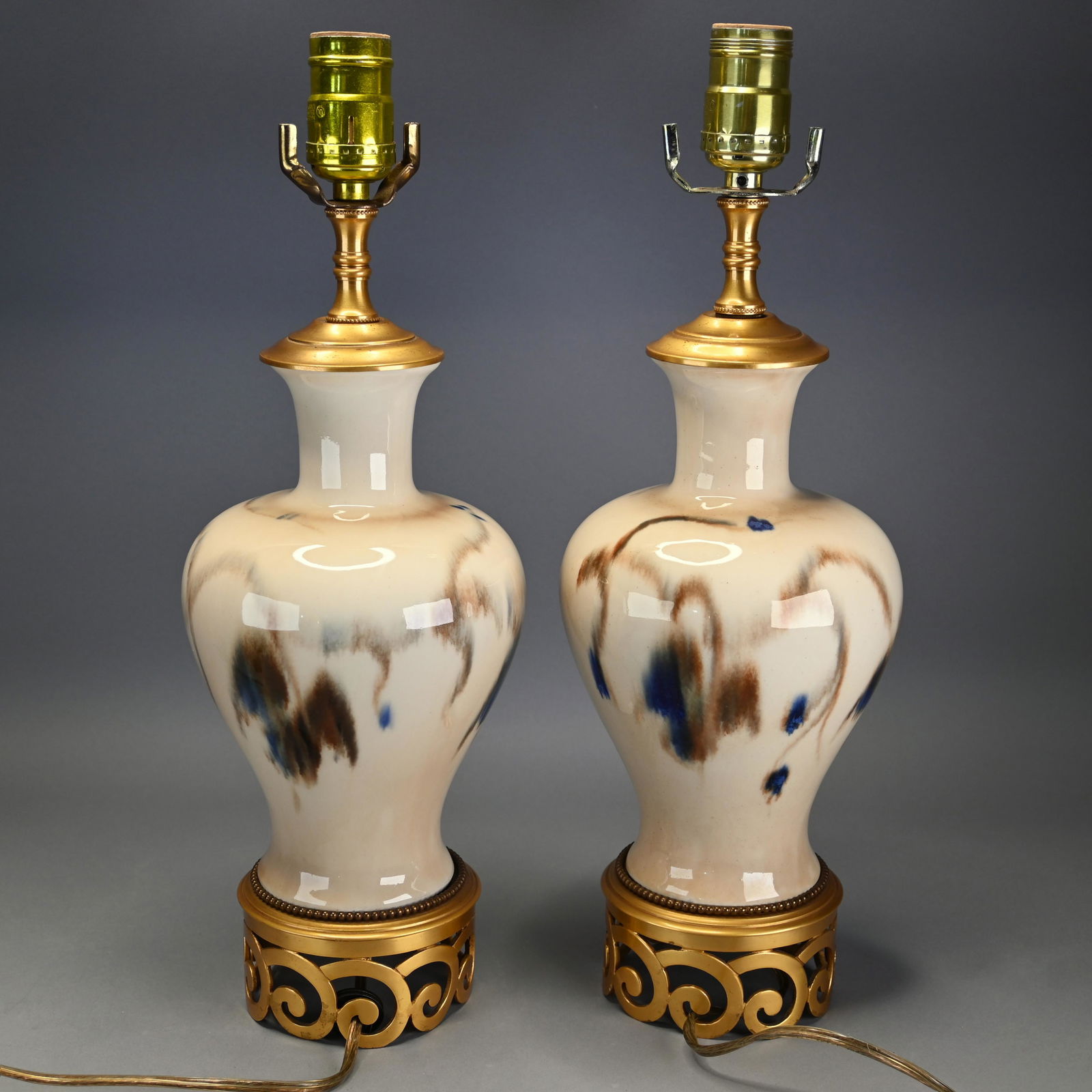 Pair Brass Mounted Porcelain Table Lamps (1 of 3)