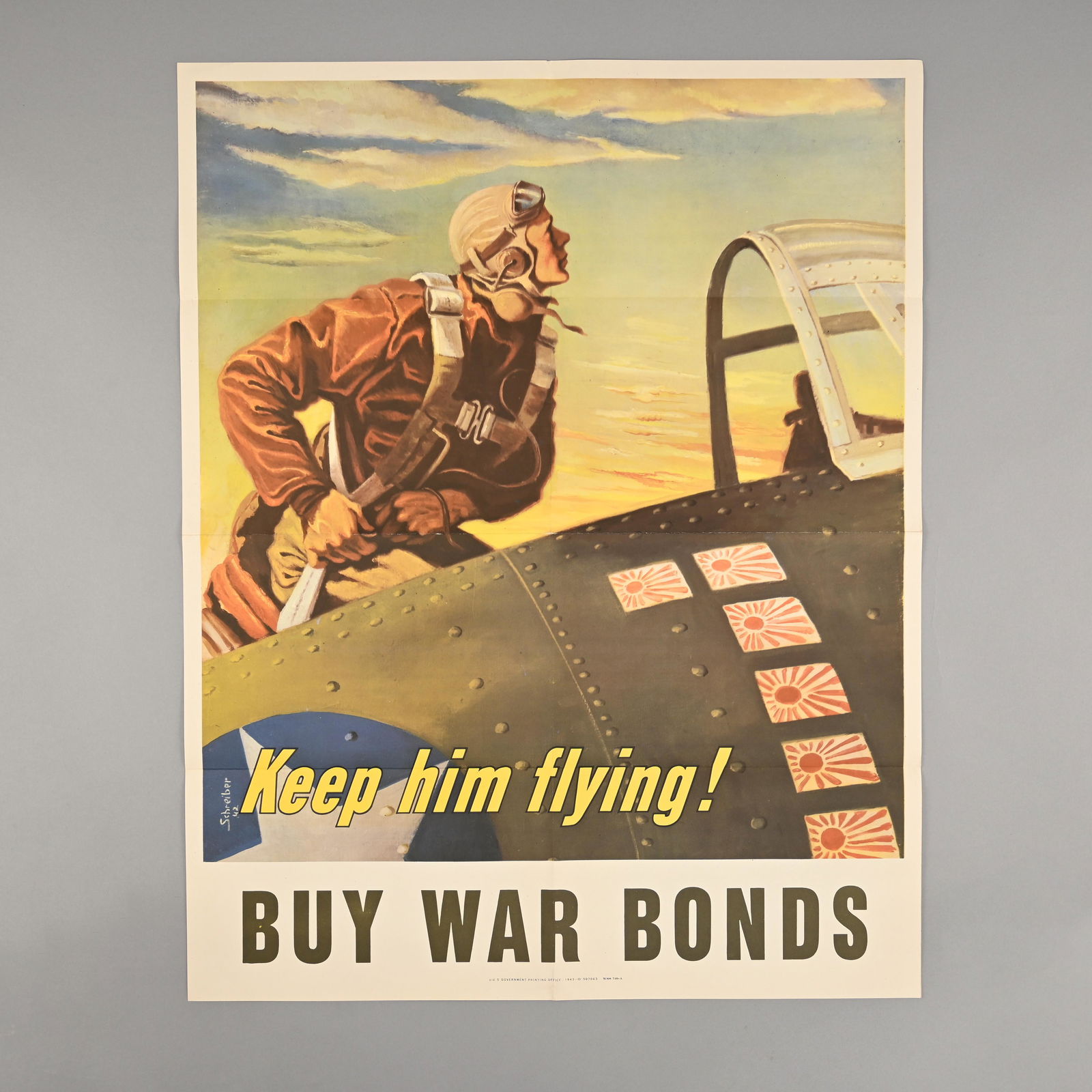 Georges Schreiber, WWII Keep Him Flying! Poster: Georges Schreiber (American, 1904-1977) "Keep Him Flying! Buy War Bonds", color lithograph, U.S. Government Printing Office, 1943-O; 507063 WSS 740-A. (28 x 22 inches)