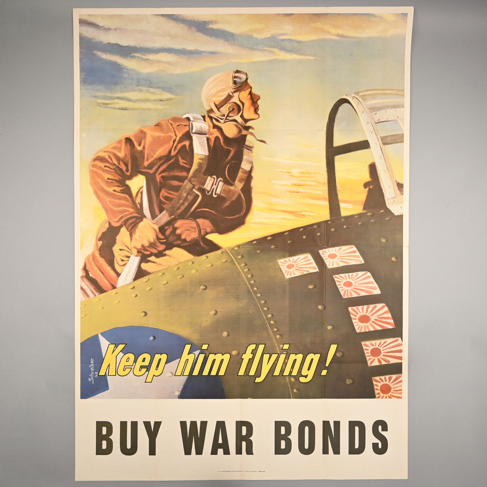 Georges Schreiber, WWII Keep Him Flying! Poster: Georges Schreiber (American, 1904-1977) "Keep Him Flying! Buy War Bonds", color lithograph, U.S. Government Printing Office, 1943-O; 507063 WSS 740-B. (40 x 28.5 inches)