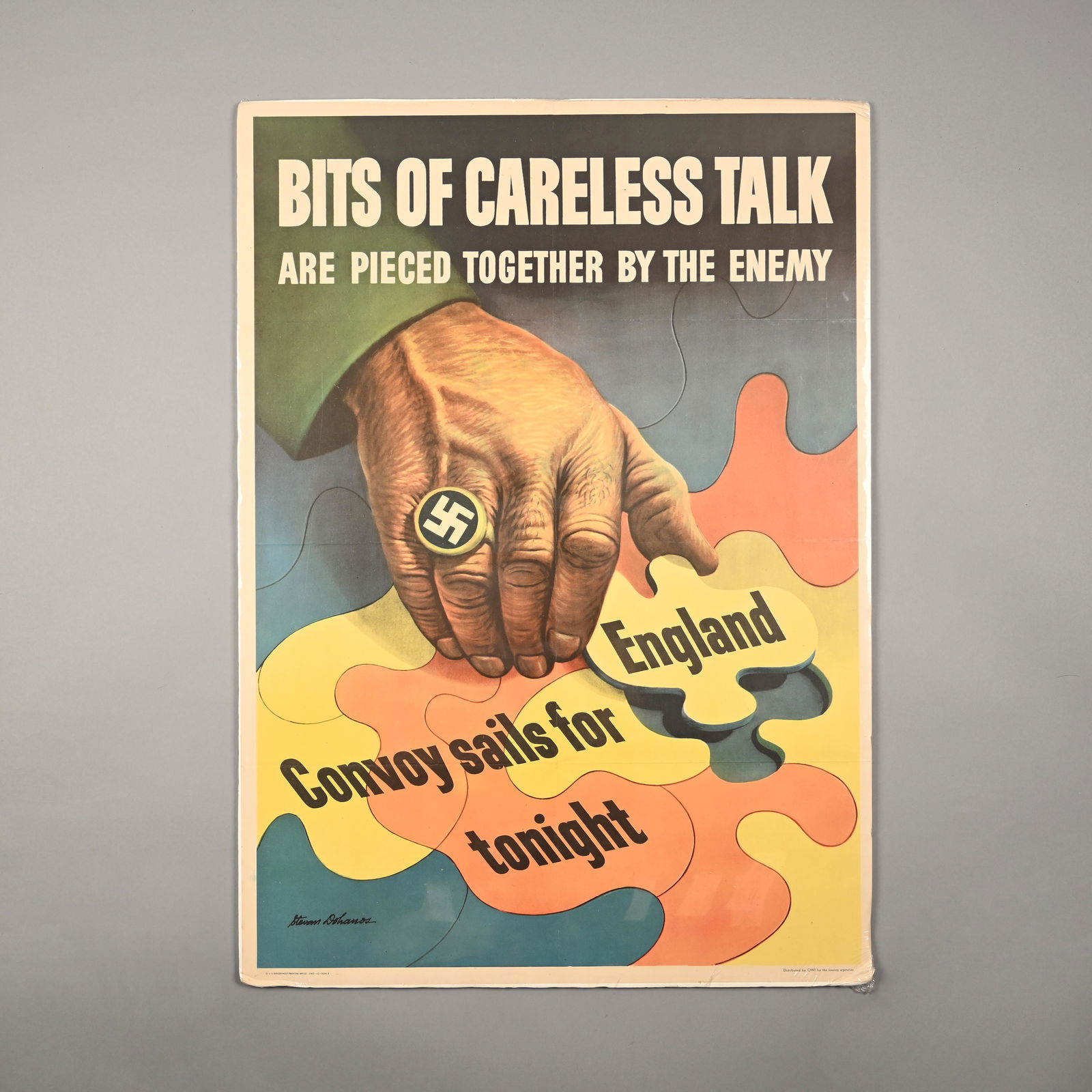 Steven Dohanos, WWII Bits of Careless Talk Poster: Stevan Dohanos (American, 1907-1994) "Bits of careless talk are pieced together by the enemy, convoy sails for England tonight", color lithograph, U.S. Government Printing Office, 1943. (28 x 20 inche